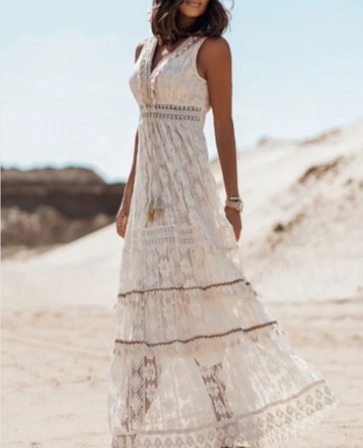 Lucrezia - Mouwloze maxi zomerjurk met boho details voor dames