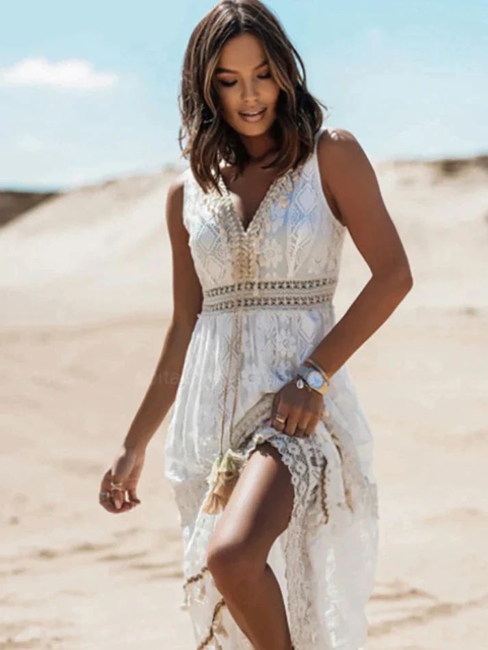 Lucrezia - Mouwloze maxi zomerjurk met boho details voor dames