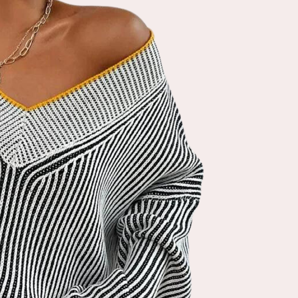 Wrenna - Gestreepte gebreide off-shoulder trui voor dames