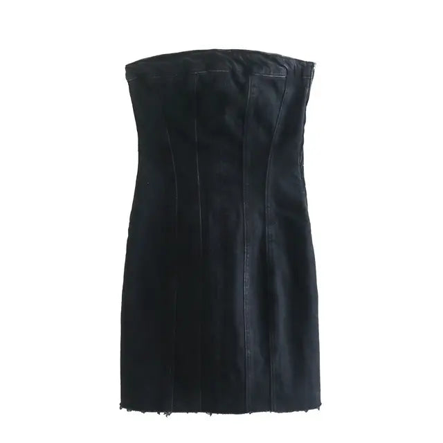 Strapless bodycon denim midi jurk