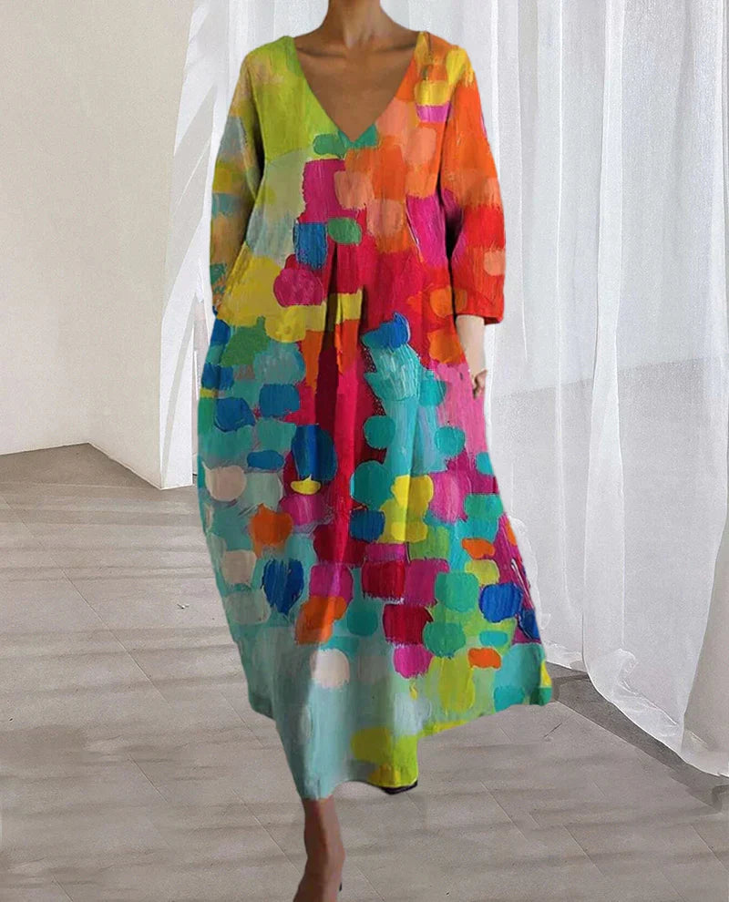 Mercedes– Maxi jurk met v-hals en kleurrijke print voor dames