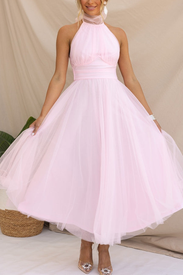 Fidelia - Halter midi jurk met volumineuze rok
