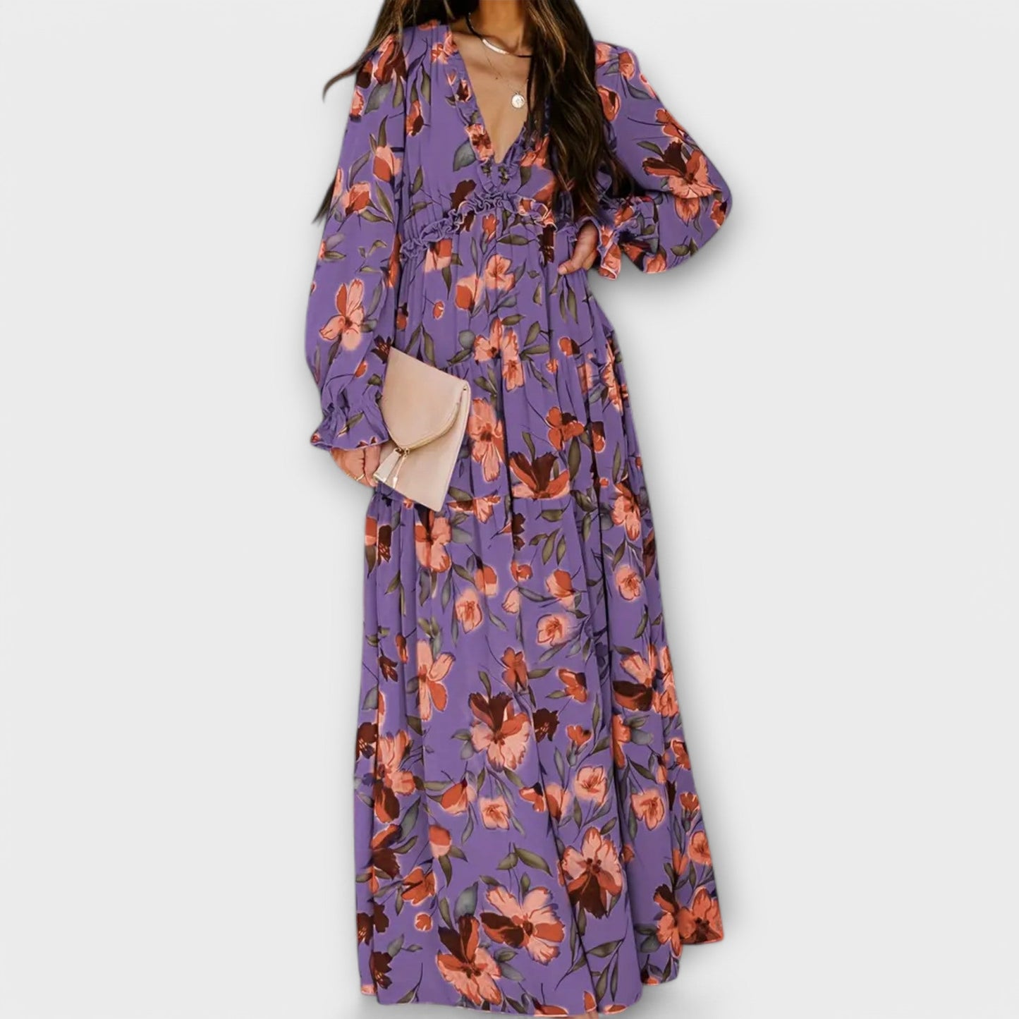 Monika - Bloemenprint maxi jurk met v-hals voor dames