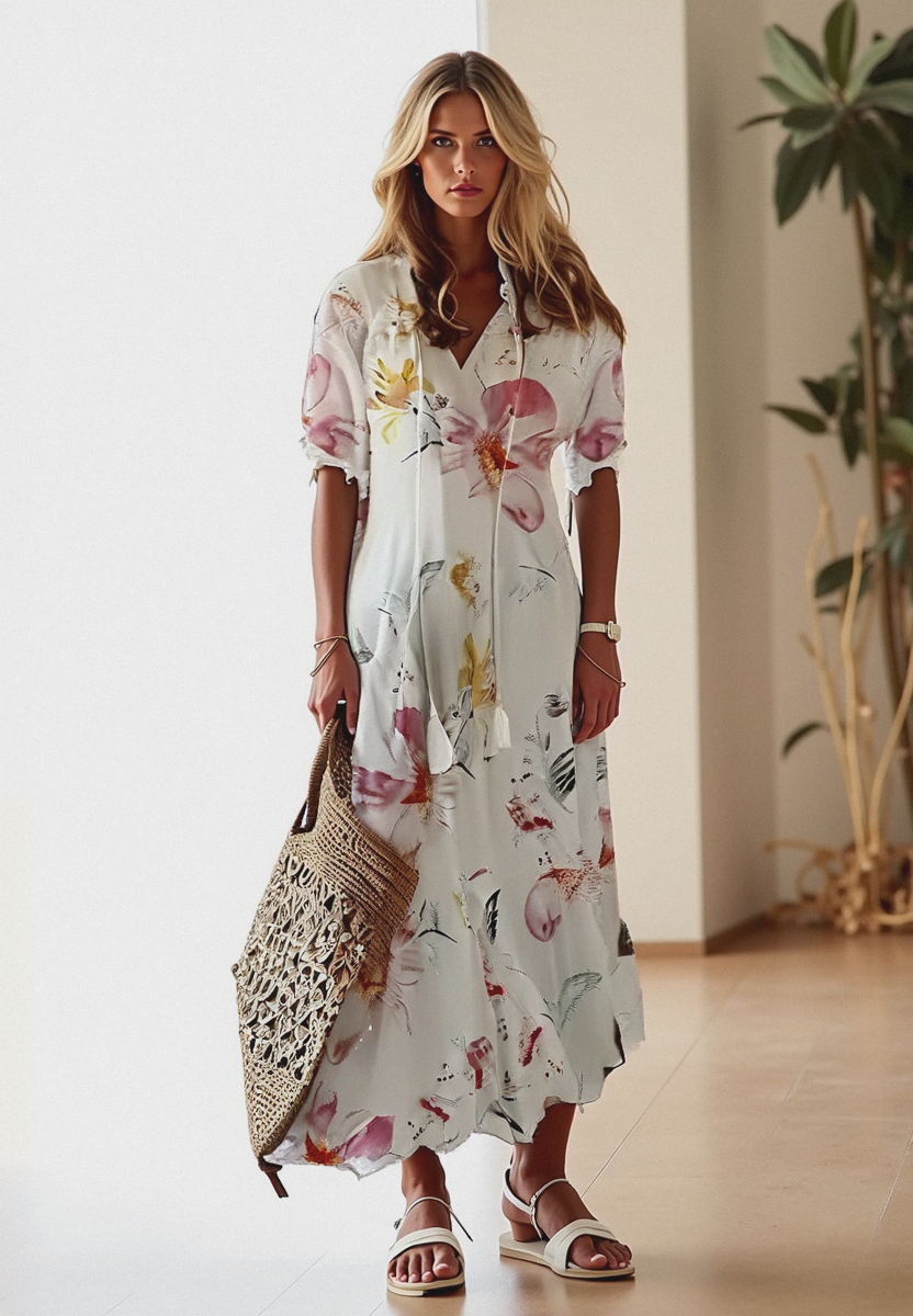 Isabella – Lange bloemenjurk met strikdetail en kraag voor dames