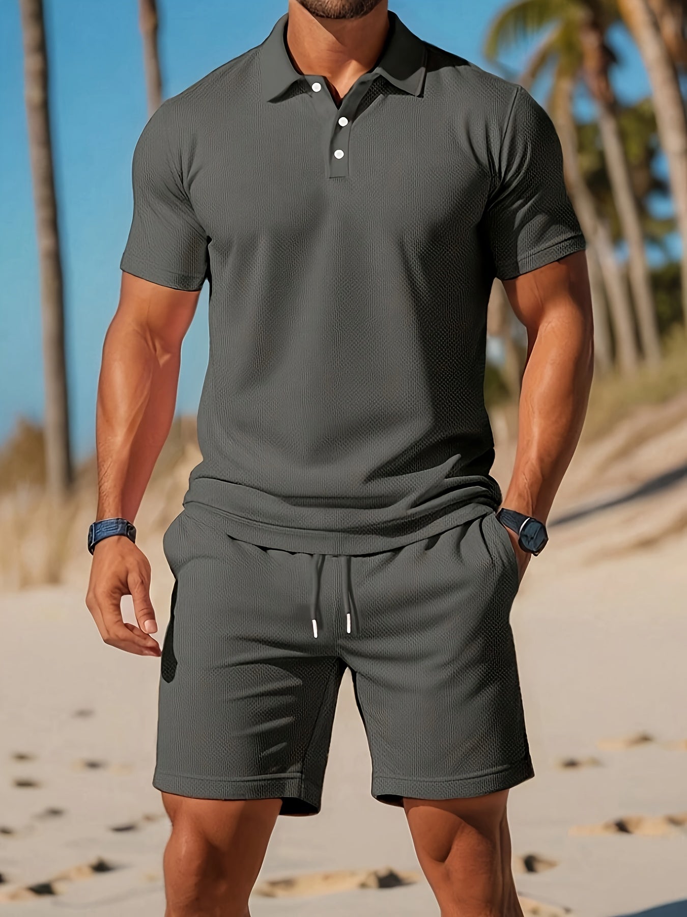 Eadric -Heren zomer set met polo en short in ton-sur-ton structuur