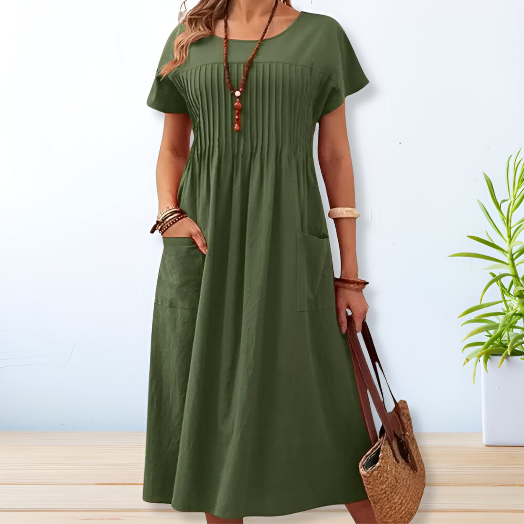 Lina – Zomerjurk met plooidetail en korte mouwen voor dames