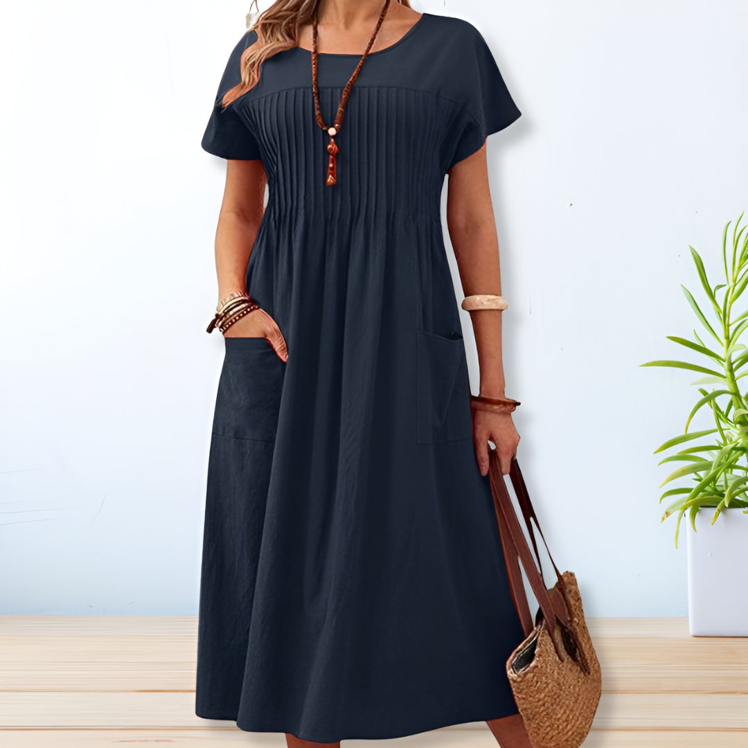 Lina – Zomerjurk met plooidetail en korte mouwen voor dames