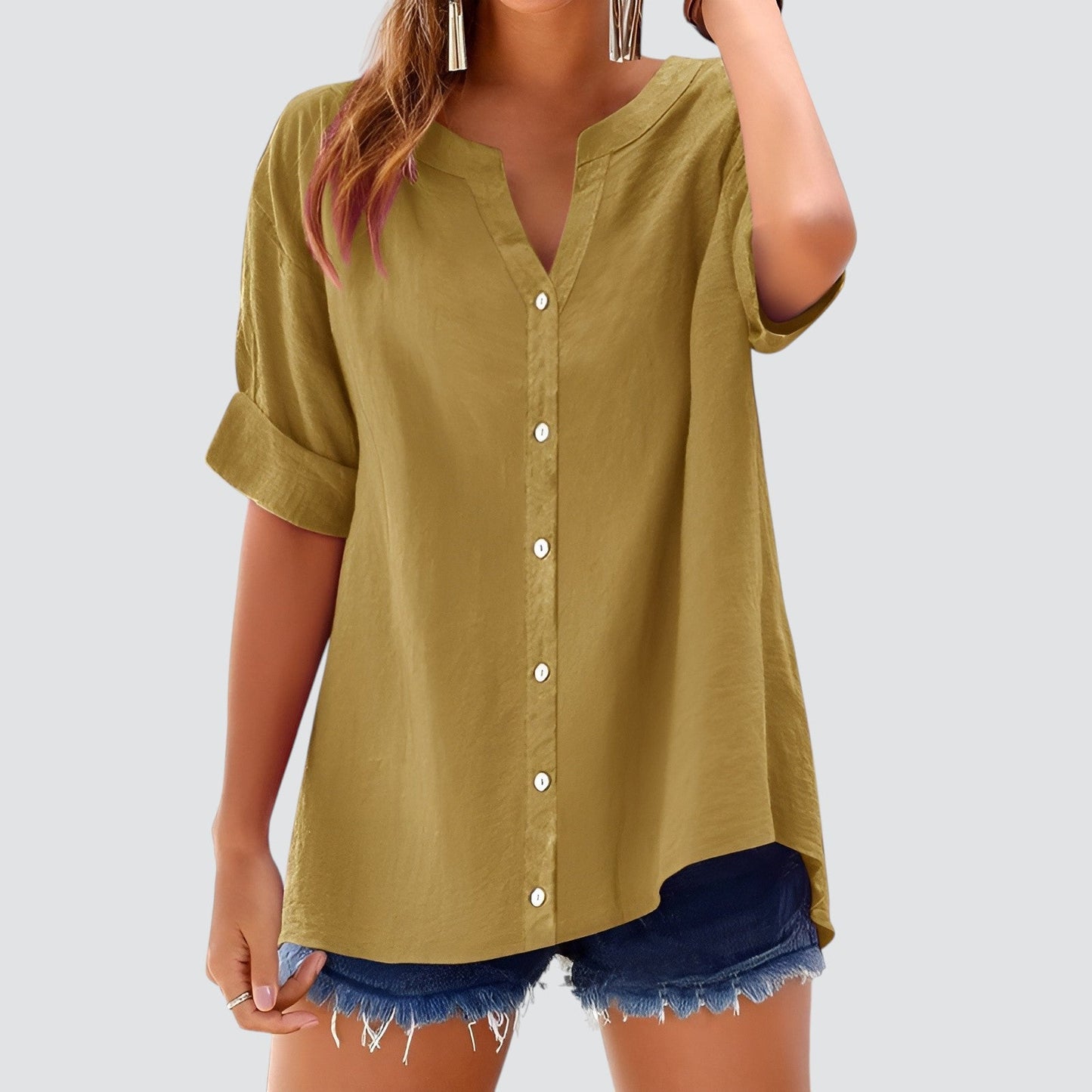 Hannelie - V-hals damesblouse met knoopsluiting