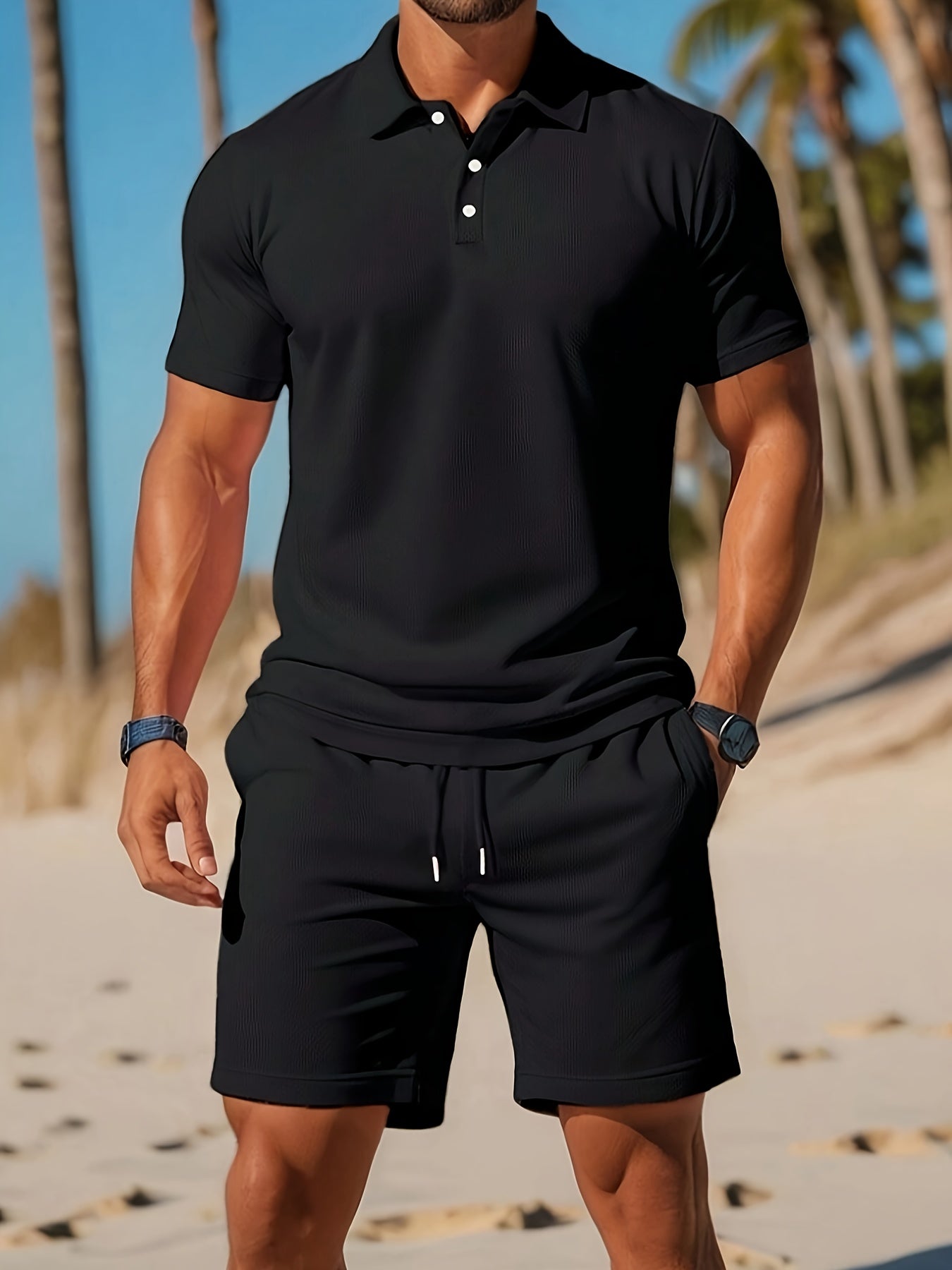 Eadric -Heren zomer set met polo en short in ton-sur-ton structuur