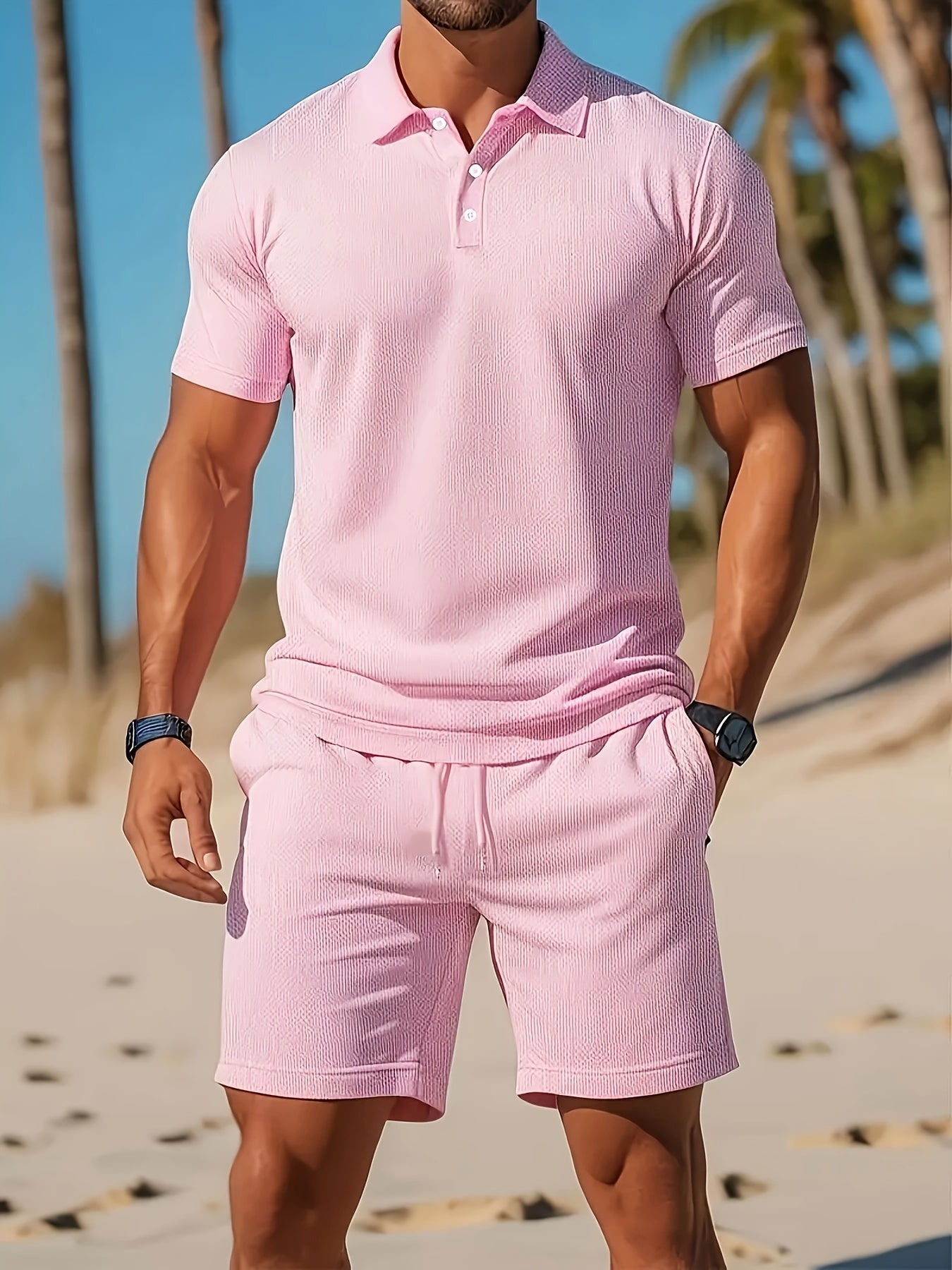 Eadric -Heren zomer set met polo en short in ton-sur-ton structuur
