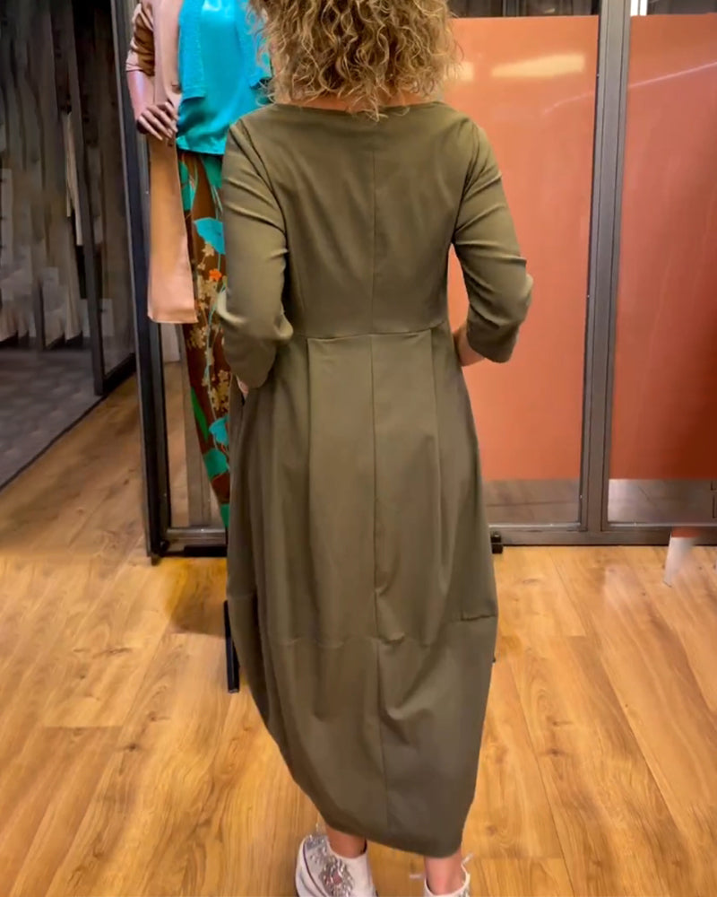 Stefania - Dames midi jurk met geplooide taille en rechte driekwartmouwen