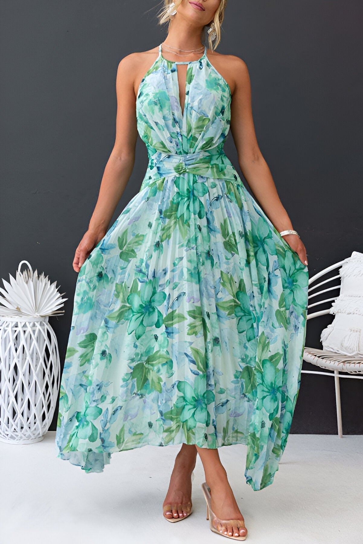 Gytha - Maxi hakter jurk met plissé en florale print