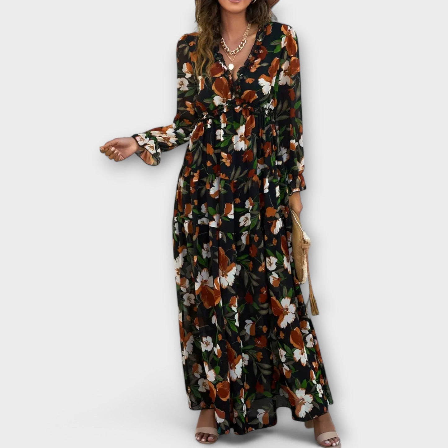 Monika - Bloemenprint maxi jurk met v-hals voor dames