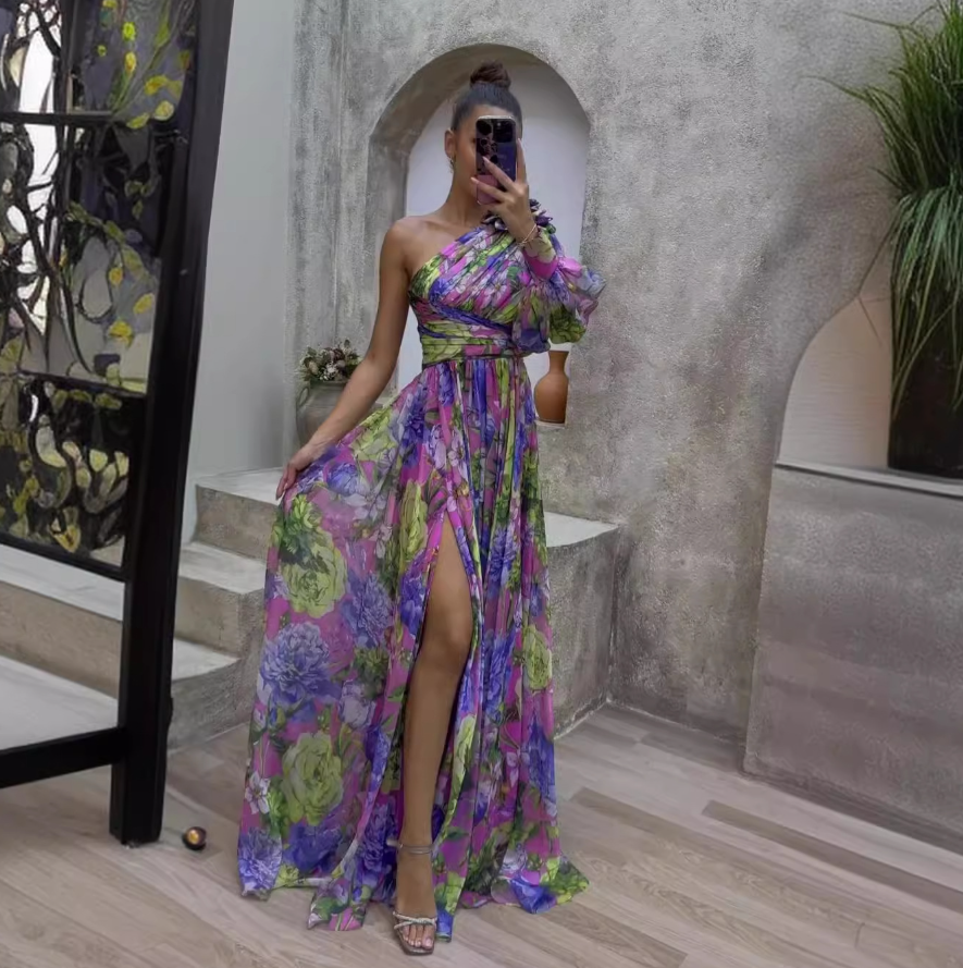 Sunny Elegance - One shoulder flower maxi zomerjurk