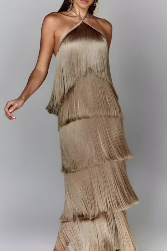 Aveline - Maxi-jurk met lagen franjes en halternek