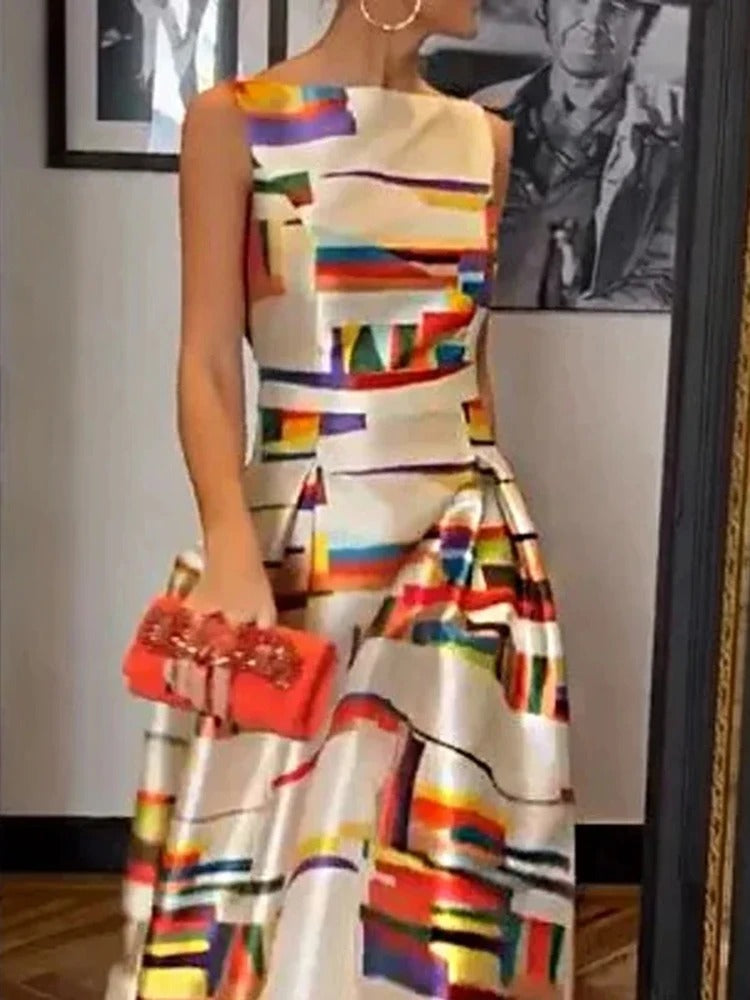 Camelia - Mouwloze dames avondjurk met grafische print en hoge taille