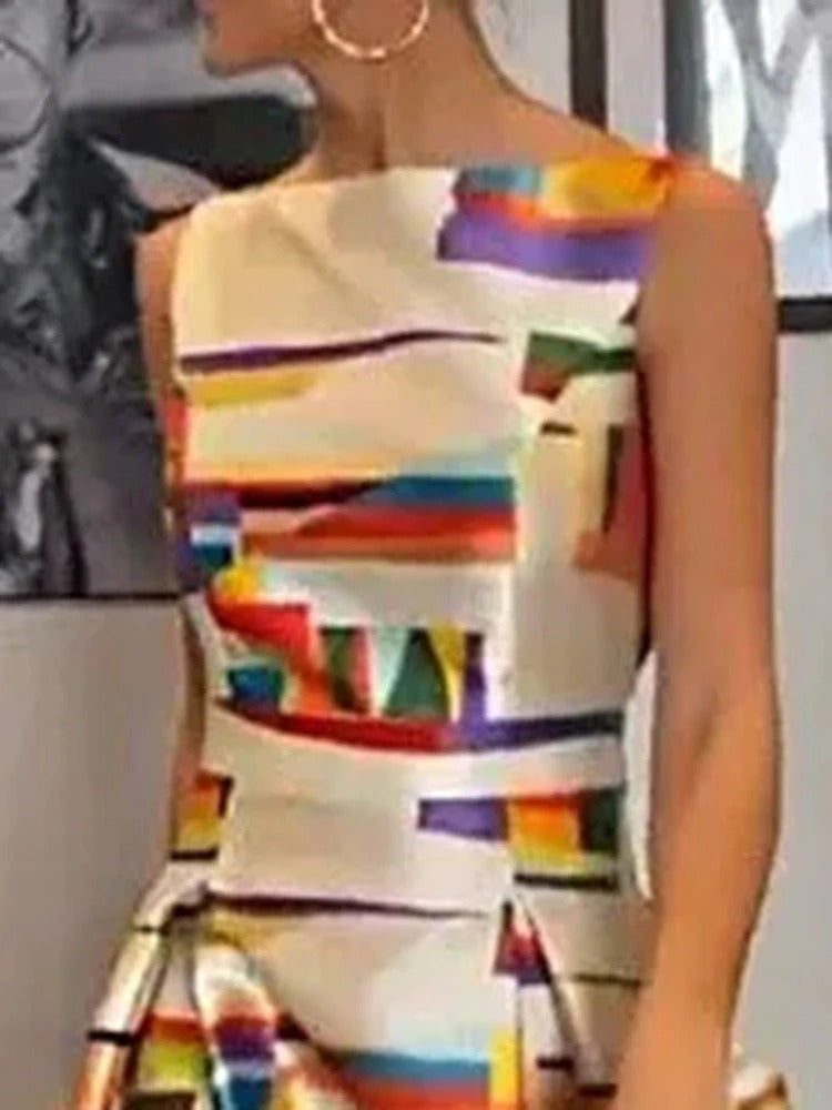 Camelia - Mouwloze dames avondjurk met grafische print en hoge taille
