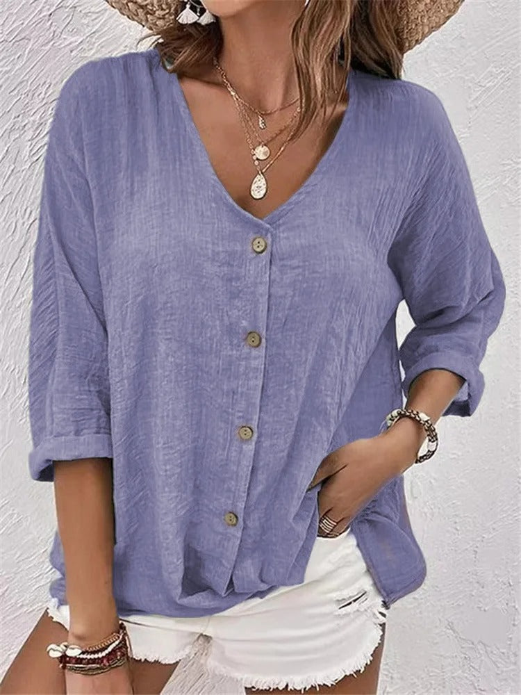 Yamila - Dames blouse met v-hals en knoopsluiting
