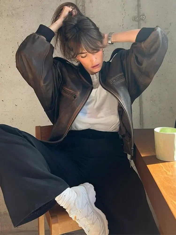 Elegance Spice | Stonewashed vintage lederen bomber dames