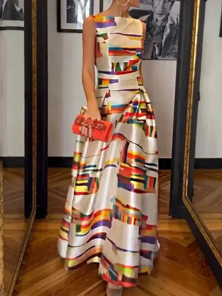 Camelia - Mouwloze dames avondjurk met grafische print en hoge taille