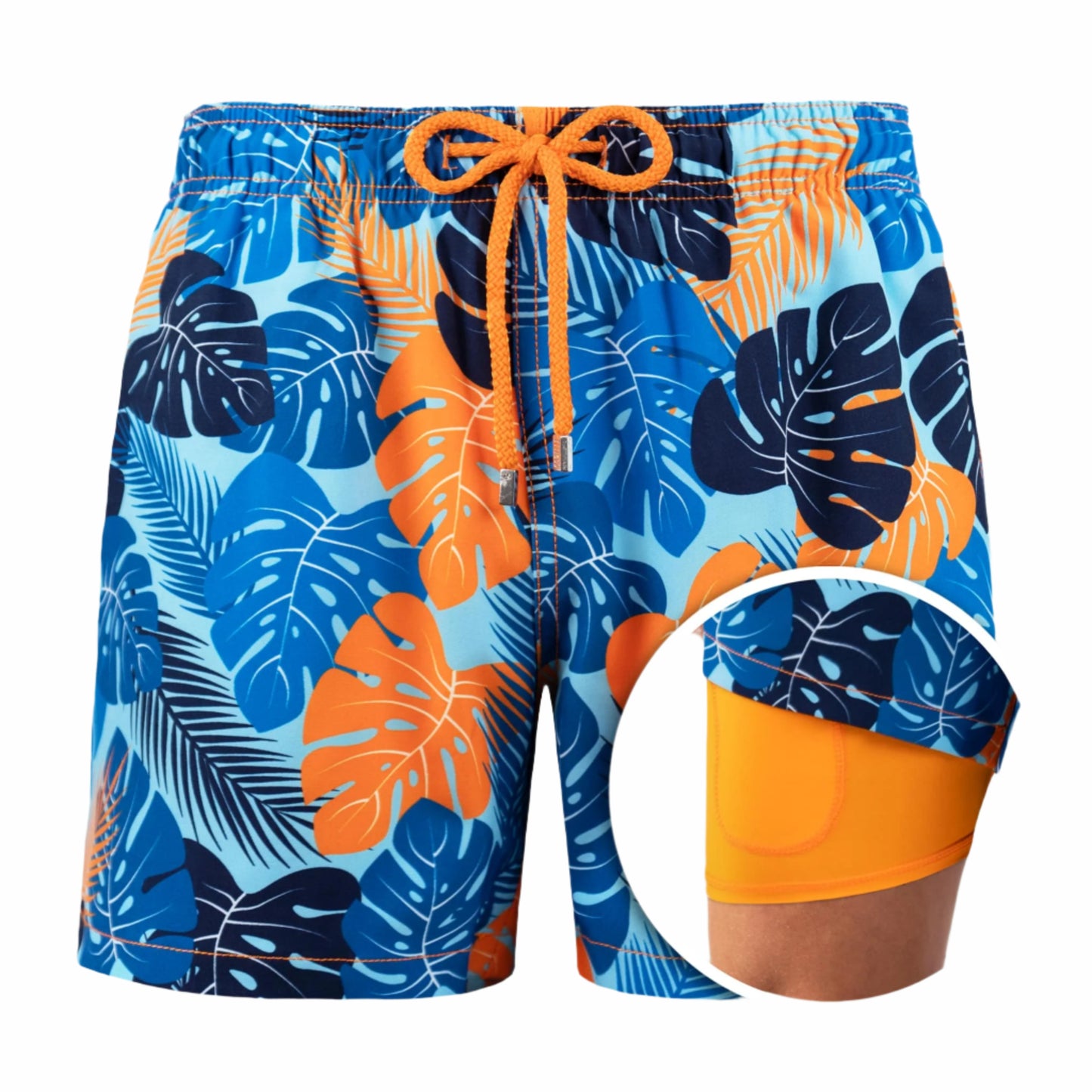 Fionn - Heren mid-length zwemshort met tropisch bladerpatroon en binnenbroek