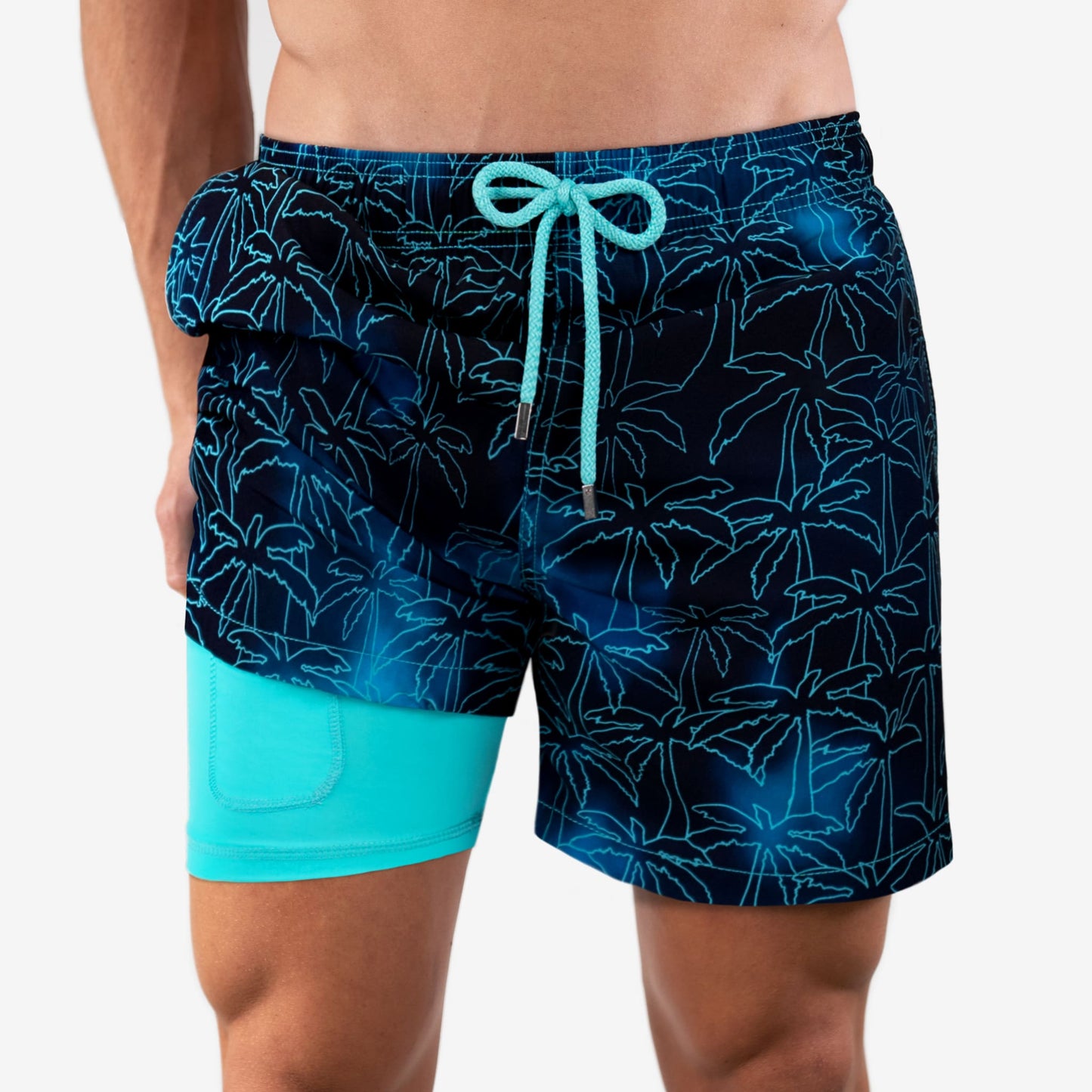 Heinrich - Heren mid-length zwemshort met palmprint en geïntegreerde binnenbroek