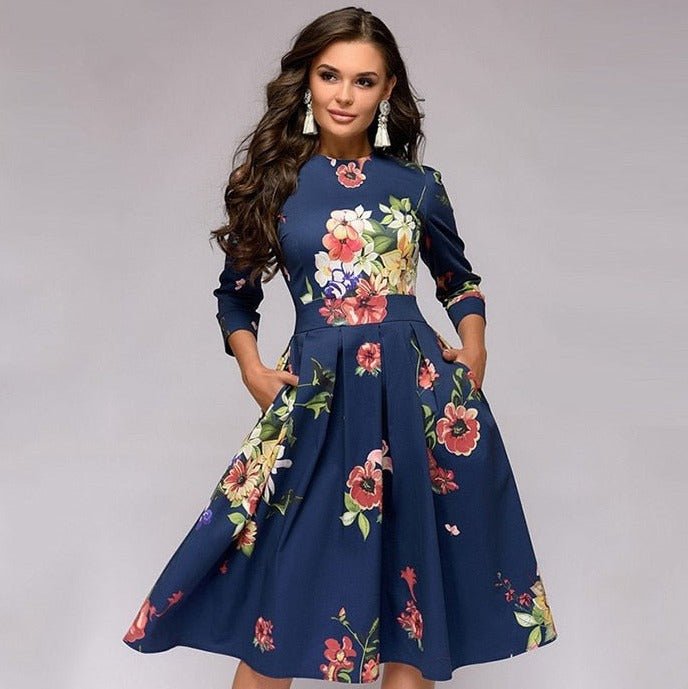 Elaina - Midi-jurk met bloemenprint en zakken voor dames