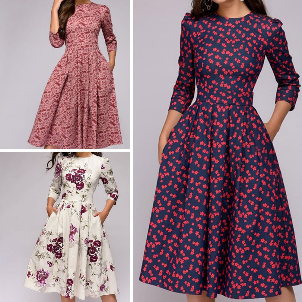 Elaina - Midi-jurk met bloemenprint en zakken voor dames