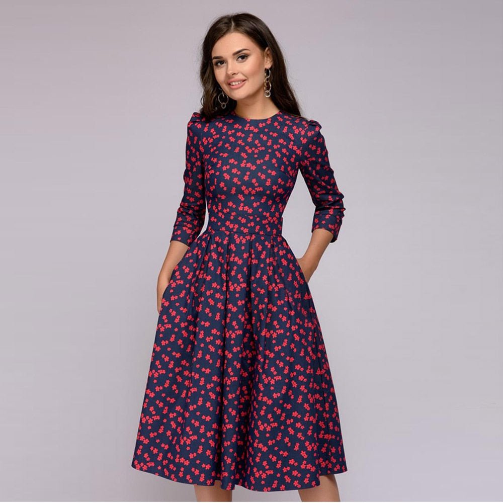 Elaina - Midi-jurk met bloemenprint en zakken voor dames