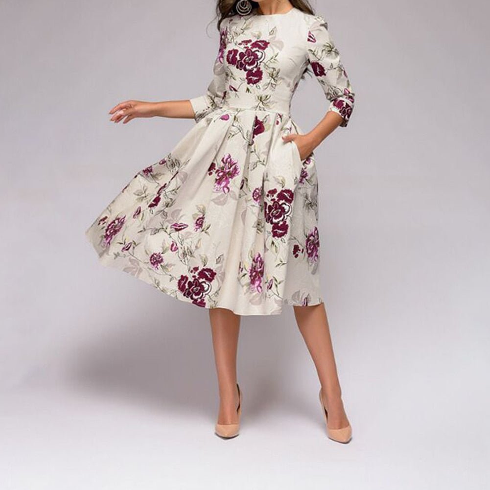 Elaina - Midi-jurk met bloemenprint en zakken voor dames
