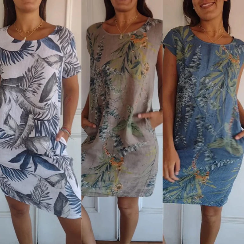 Juna - Losvallende korte jurk met bladprint