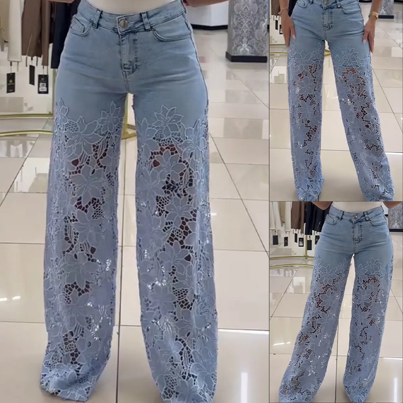 Izabela - Transparante damesjeans met bloemmotief en rechte pijpen