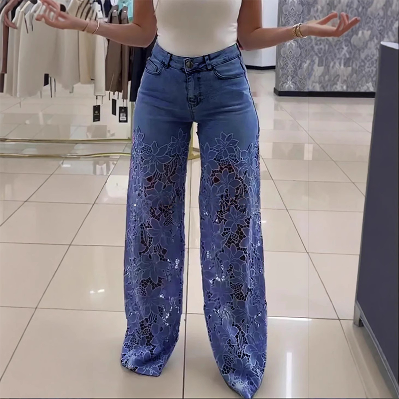 Izabela - Transparante damesjeans met bloemmotief en rechte pijpen