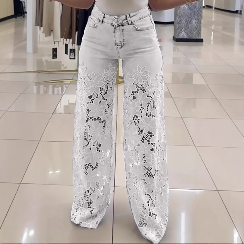 Izabela - Transparante damesjeans met bloemmotief en rechte pijpen