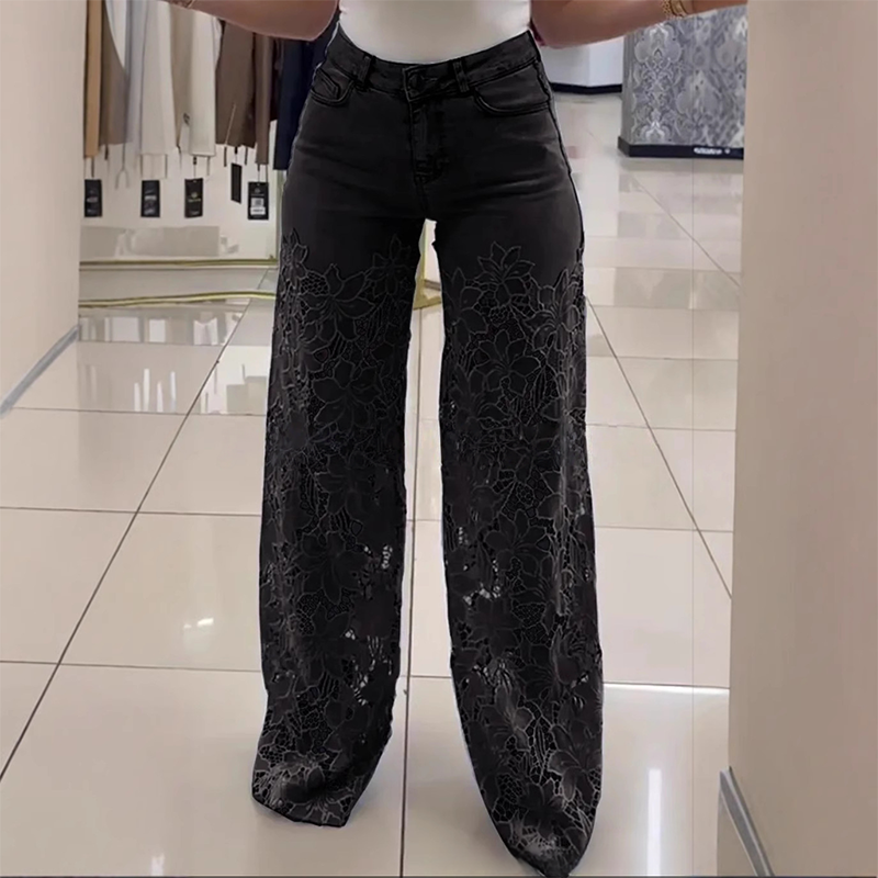 Izabela - Transparante damesjeans met bloemmotief en rechte pijpen