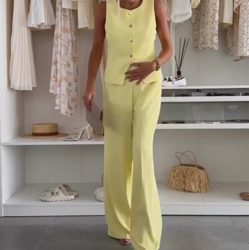 Lana – Mouwloze dames top met bijpassende wijde pantalon
