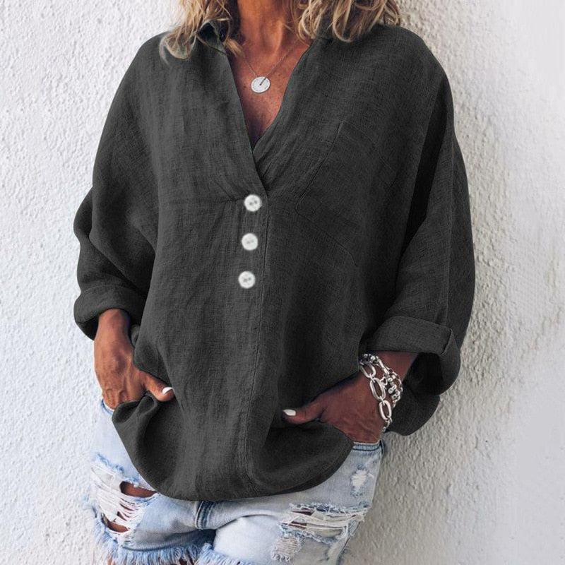 Queency - Oversized dames blouse met diepe knoopsluiting en lange mouwen