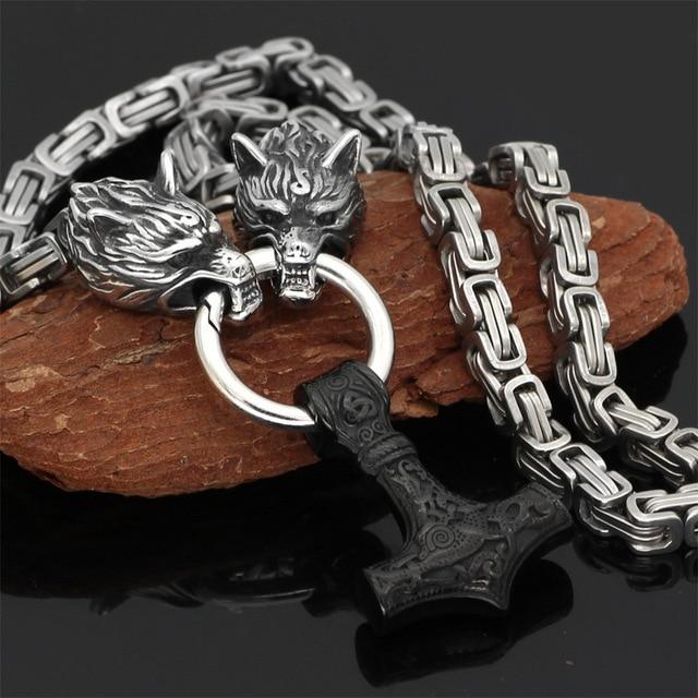 Ketting of armband met dubbele wolfskop en hamerhanger in verstelbare lengtes