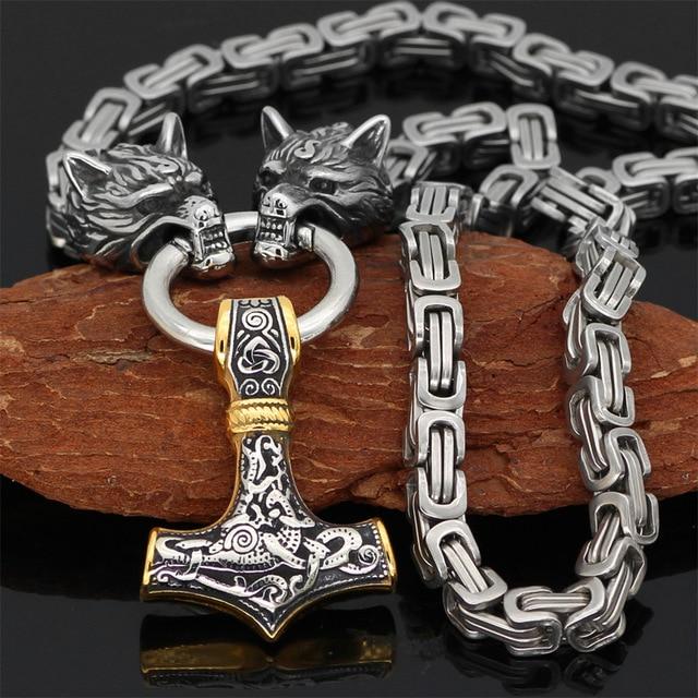 Ketting of armband met dubbele wolfskop en hamerhanger in verstelbare lengtes