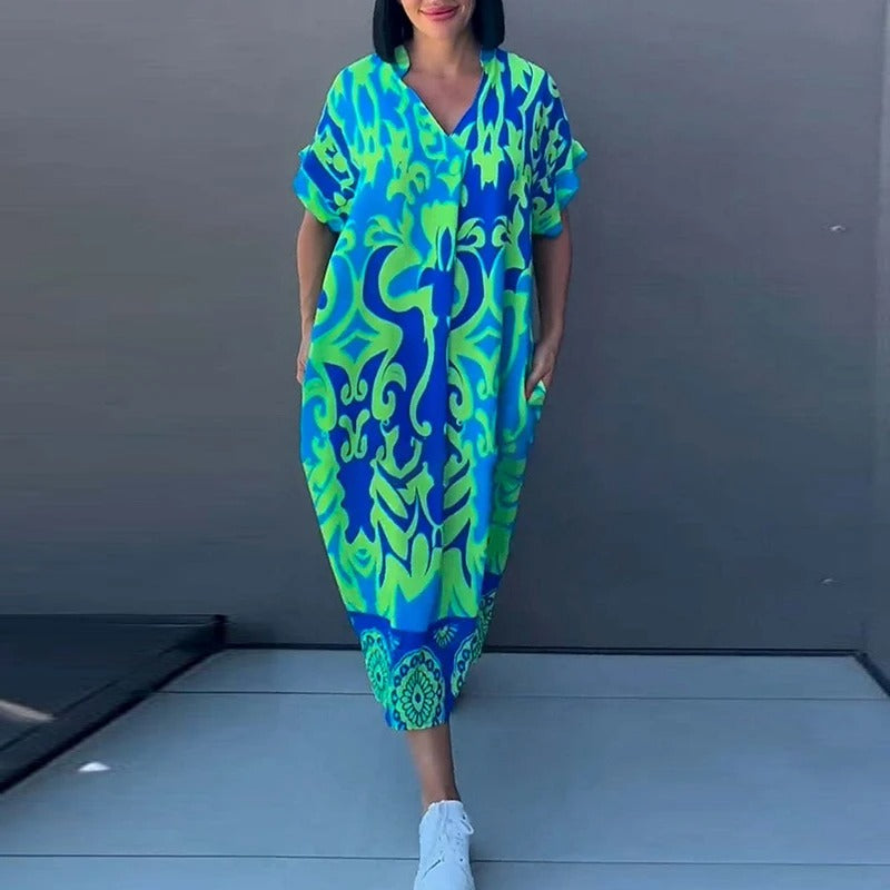 Mirela - Dames maxi-jurk met kleurrijke print en losse snit