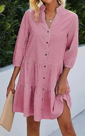 Katerina - Korte overhemdjurk met knoopsluiting en driekwart mouwen