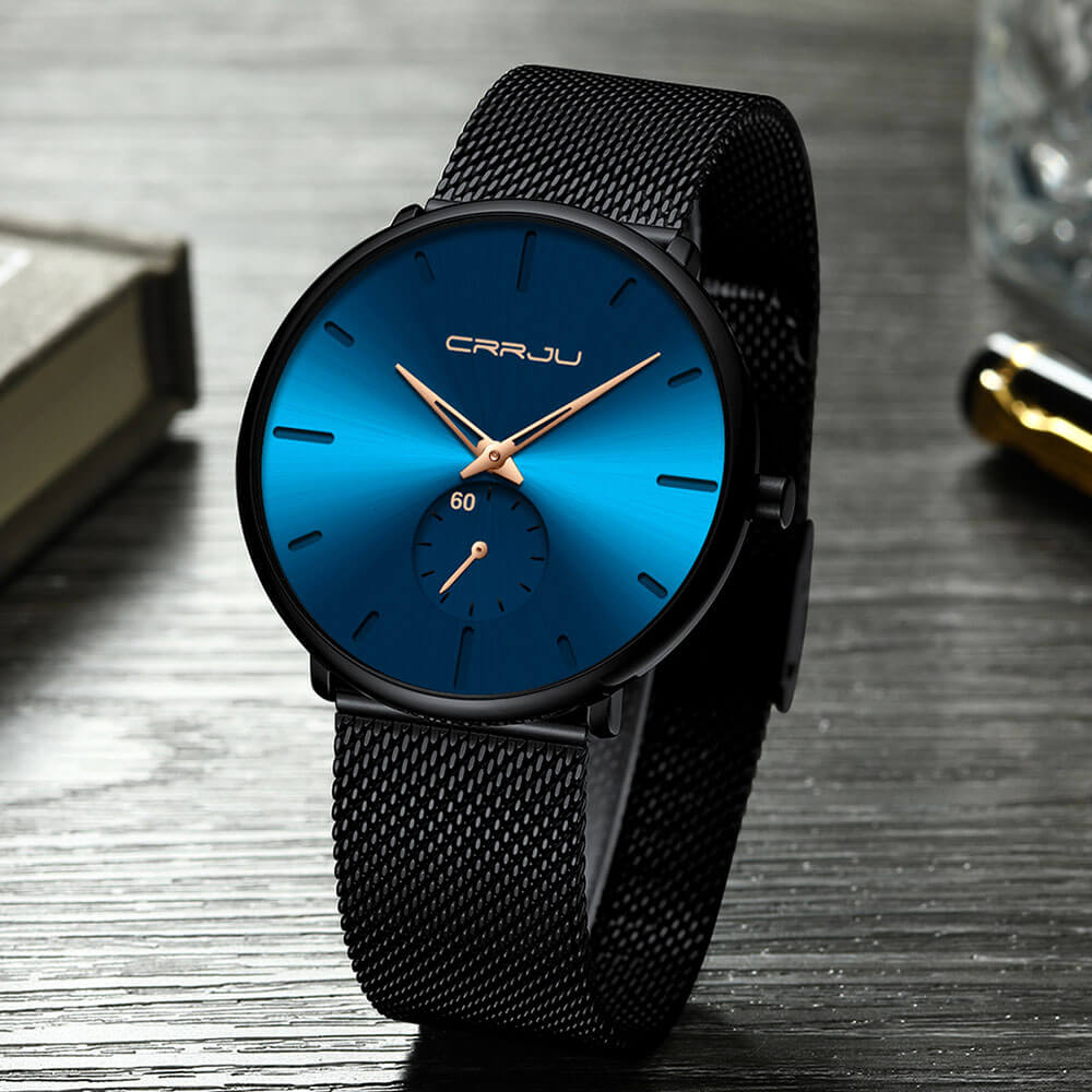 Luxe All Black steel blue horloge analoog strak modern minimalistisch