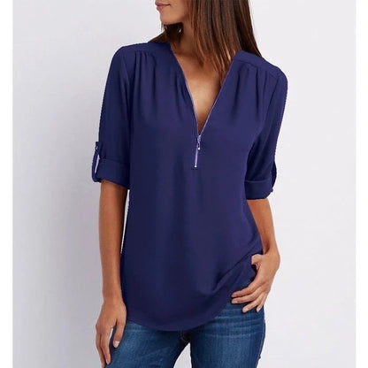 Jacquette - Dames top met halve rits en opgerolde mouwen