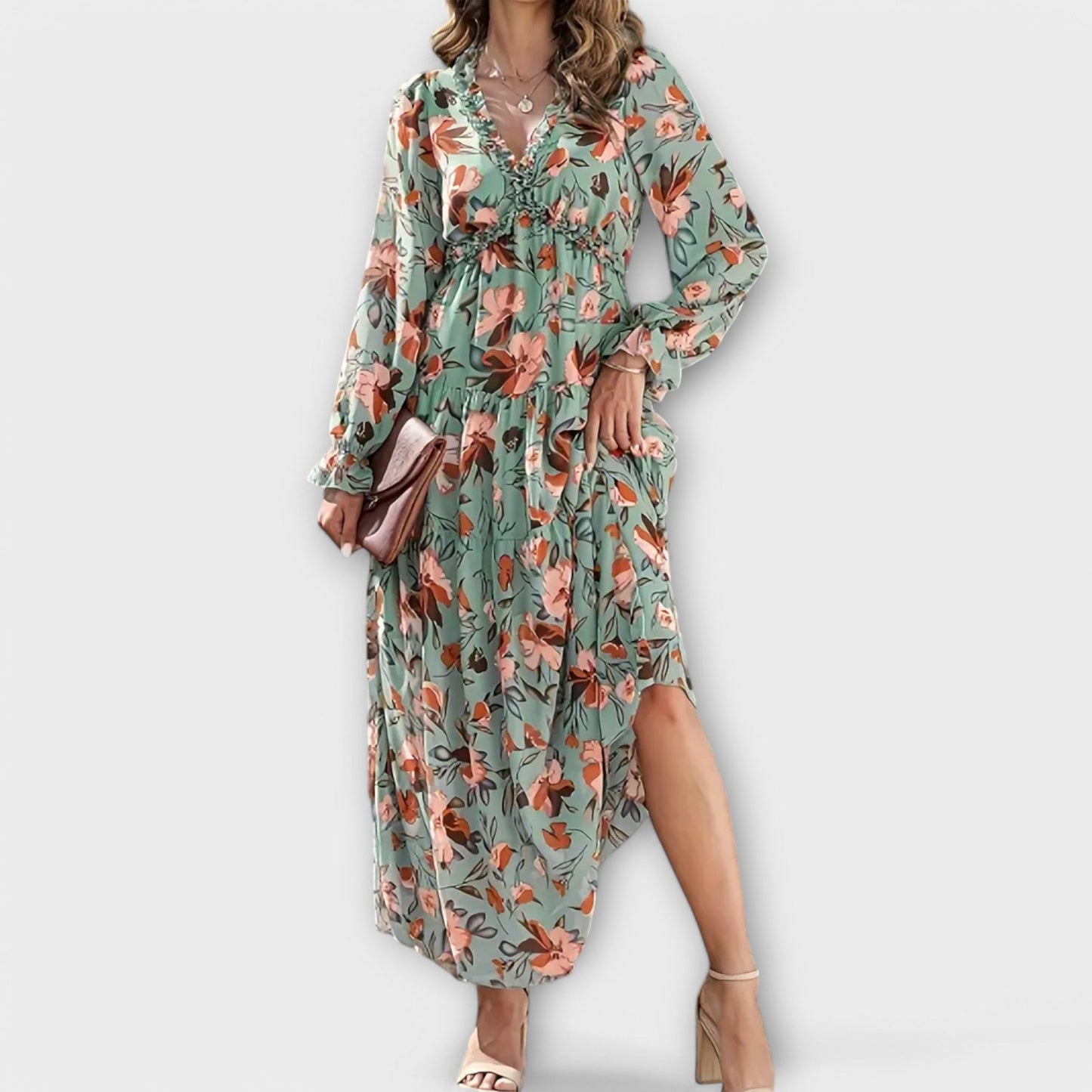 Monika - Bloemenprint maxi jurk met v-hals voor dames