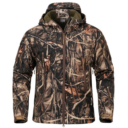 Heren werkjas visjas outdoorjas camo softshell met capuchon