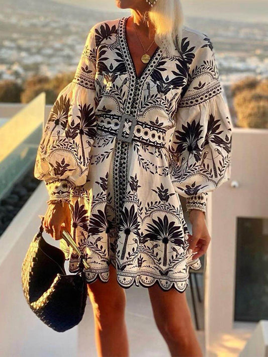 Pauline - Bohemian mini jurk met ballonmouwen en borduurdetails voor dames
