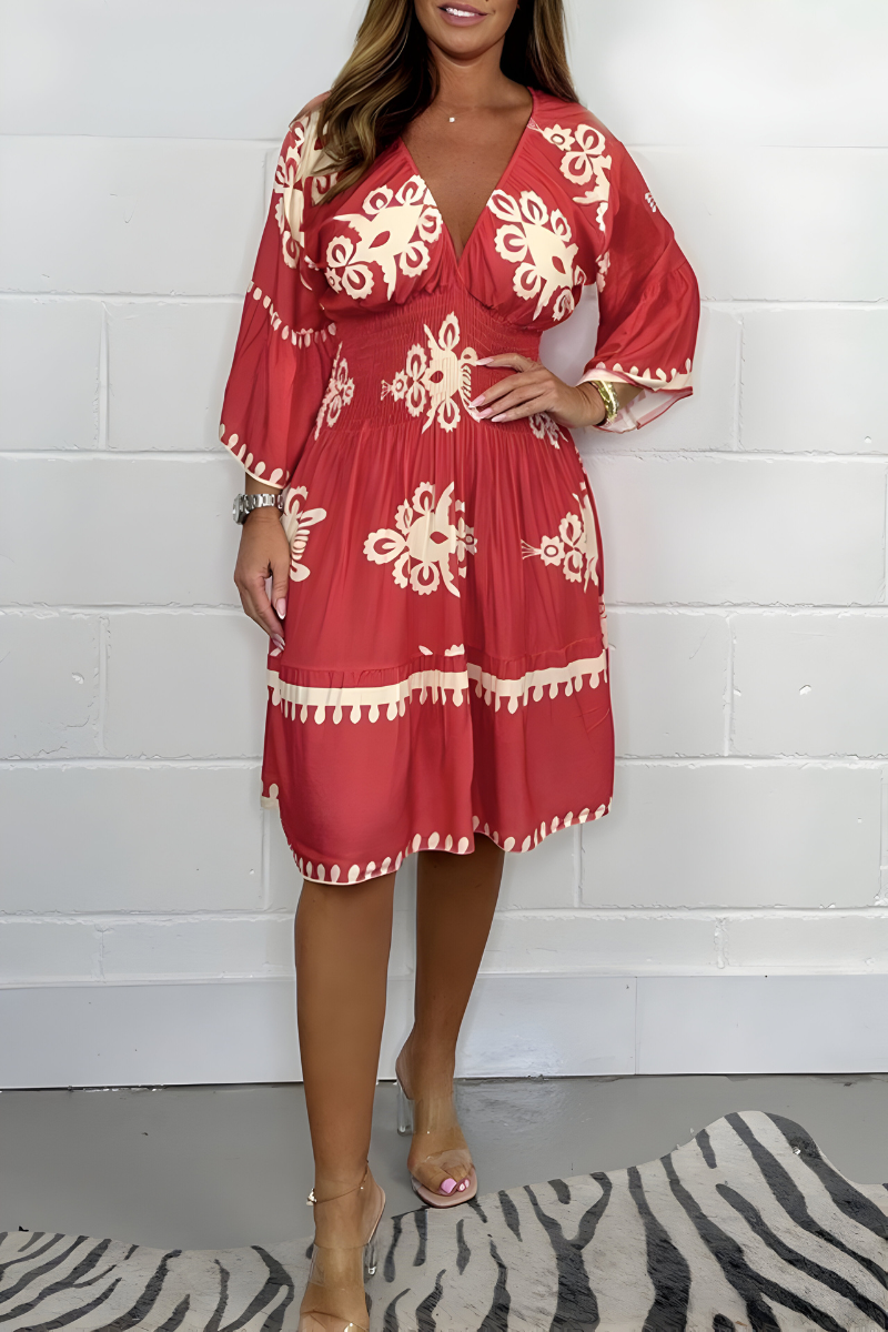 Linnea - Dames midi jurk met wijde mouwen en taille-accent