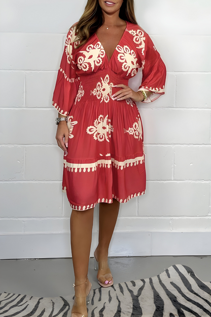 Linnea - Dames midi jurk met wijde mouwen en taille-accent