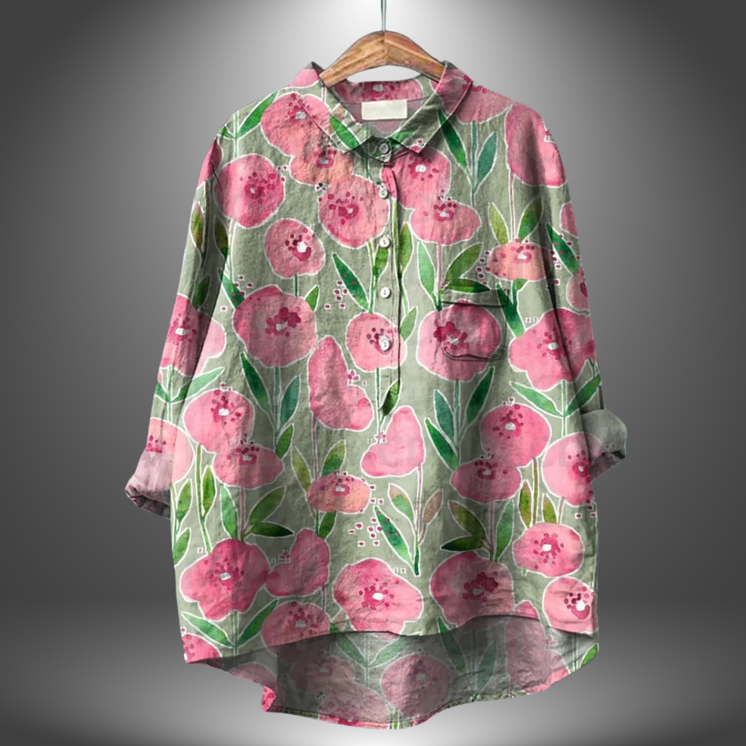 Orsolya - Losvallende damesblouse met kunstzinnige print en kraag