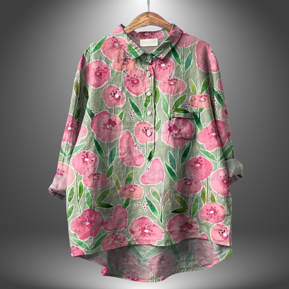 Orsolya - Losvallende damesblouse met kunstzinnige print en kraag